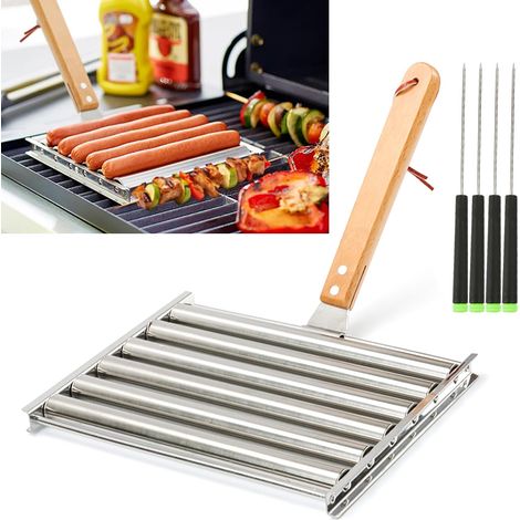 Stainless Steel BBQ Hot Dog Roller with Wooden Handle (1/5)
