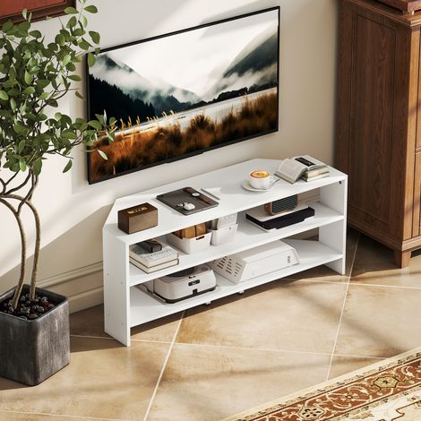 Eck-TV-Ständer mit 2 offenen Ablagen für 47-Zoll-Fernseher – Weiß