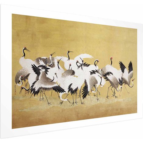 Poster – Japanische Kraniche – ein Vogelschwarm auf goldfarbenem Hintergrund, basierend auf einem Gemälde von Ishida Yūtei (1/4)