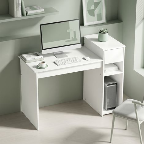 Bureau d'ordinateur blanc avec tiroir et étagère, poste de travail avec support CPU, meuble PC 108x50x82 cm, rangement intégré. (1/5)