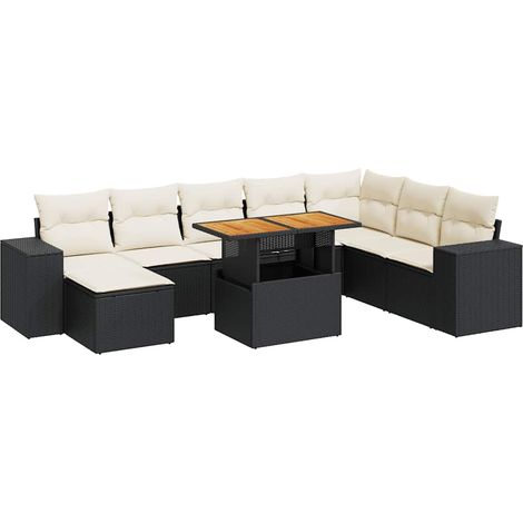 Salon de jardin avec coussins 9 pcs Mobilier de jardin noir résine tressée acacia (1/5)