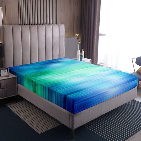 Parure de lit avec housse de couette - Motif art abstrait - Vert et bleu dégradé - 160 x 200 cm - Rayures géométriques - Surf - Vagues de l'océan - Respirantes - Confortable - Sans taie d'oreiller (1/2)
