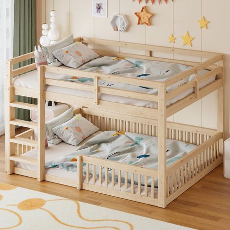 Lit superposé 160x200 cm avec garde corps lit enfant double superposé hauteur 135 cm avec sommier à lattes en pin MDF naturel (1/5)