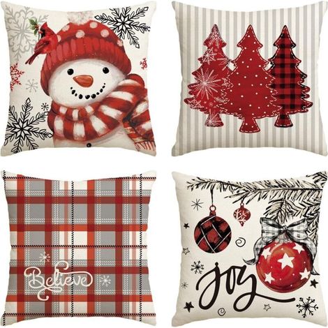 Lot de 4 housses de coussin décoratives pour canapé, 40 x 40 cm, rouge, bonhomme de neige, arbres, boules, buffle, rayures (1/5)