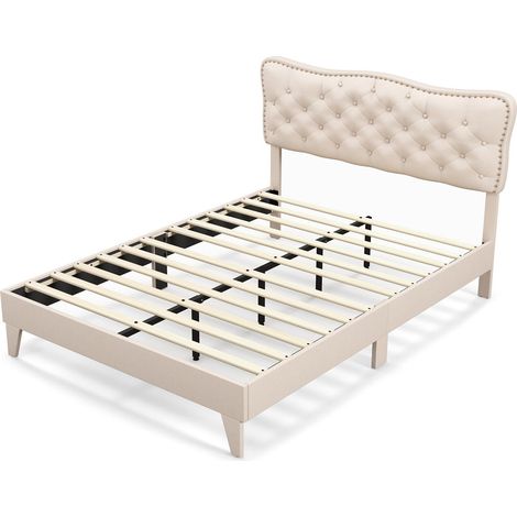 King Size Bed Frame Wooden Slat Bed Platform Upholstered Button Tufted Headboard (1/5)