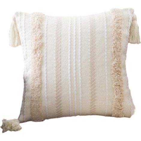 Housse de coussin décorative en dentelle style bohème, idéale pour le salon, la chambre, le balcon, le canapé ou le banc. Housse de coussin à pompons, douce et décorative (45 x 45 cm). (1/5)