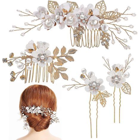 Set aus floralen Seitenkämmen, U-förmigen Haarnadeln, Brauthaarschmuck mit Strasssteinen, Haarschmuck – 13,00 x 6,00 x 1,00 cm – Weiß (1/4)