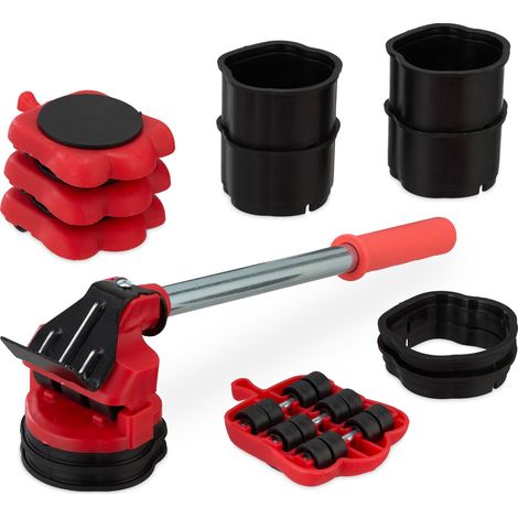 Relaxdays Set di Sollevatori e Rulli per Mobili, per Trasporto e Trasloco, fino 150 kg, Girevoli, 8 Attacchi, Rosso/Nero (1/5)