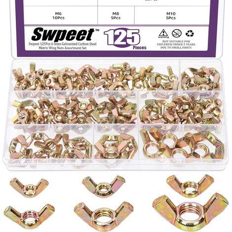 125 Pcs 6 Sizes M3 M4 M5 M6 M8 M10 Metric Color Zinc Plated Carbon Steel Wing Nut Assortment Kit, Hand Twist Tightening Wing Nut for Metal Fasteners (1/5)
