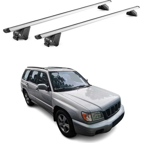 OMAC Barres de toit aluminium certifiées TÜV pour Subaru Forester I 1997-2002 – Pour rails de toit intégrés – Rainure en T – Charge max 100 kg – 2 antivols Argent (1/4)