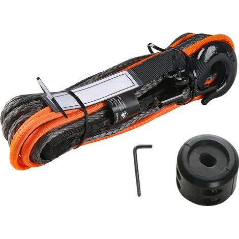 Corde de treuil synthétique 6,35 mm x 15,24 m, capacité 4 536 kg, avec gaine protectrice, crochet forgé et sangle de traction. Compatible VTT, UTV, petit véhicule, pick-up. (1/5)