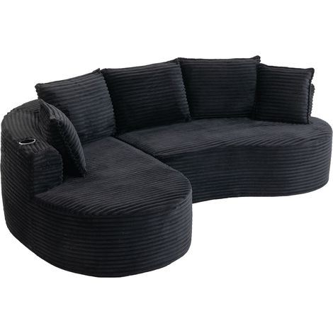 Sofá curvo de pana negra con portavasos, bolsillo lateral y cojín (1/5)