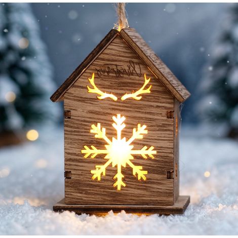 Maison lumineuse suspendue bois, flocon de neige et bois de cerf 6,5 cm, décoration festive Noël (1/4)