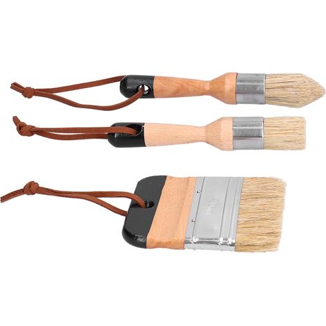 Ensemble de trois pinceaux : pinceaux plats, pinceaux ronds, pinceaux à manches en bois, pinceaux en soies de sanglier, pinceaux à peindre, pinceaux à cire, pinceaux pour meubles. (1/5)