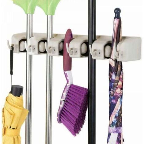 Wall Broom Holder Wall Broom Hanger with 5 Slots and 6 Hooks for Kitchen, Bathroom, Garage and Garden, Gray (1/5)