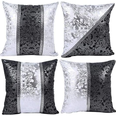 Housse de Coussin Licorne Géométrie Feuilles et Fleur Motif Taie d'oreiller pour Canapé Maison Salon Chambre Décoration D'intérieur, 45x45cm, Ensemble de 4 pièces(Porcelaine Noire et Blanche) (1/4)