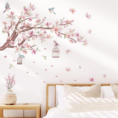Adesivo da parete - Decorazione per la parete del soggiorno - Decorazione murale - per soggiorno e camera da letto - 30 x 60 cm - Adesivo da parete con rami, uccelli e fiori - PVC - Colorato (1/5)
