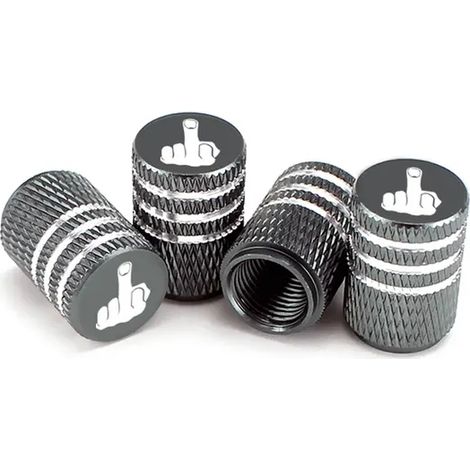 (Gris foncé) Lot de 4 bouchons de valve de pneu en aluminium en forme de doigt d'honneur, anti-poussière, pour voiture. (1/5)