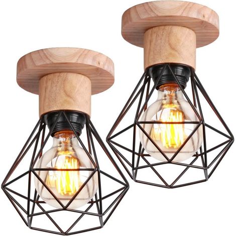 2 Pack Industrial Wood Ceiling Light Vintage Cage Metal E27 16cm for Hallway Living Room Porch Entrance Dining Room (Bulbs Not Included)