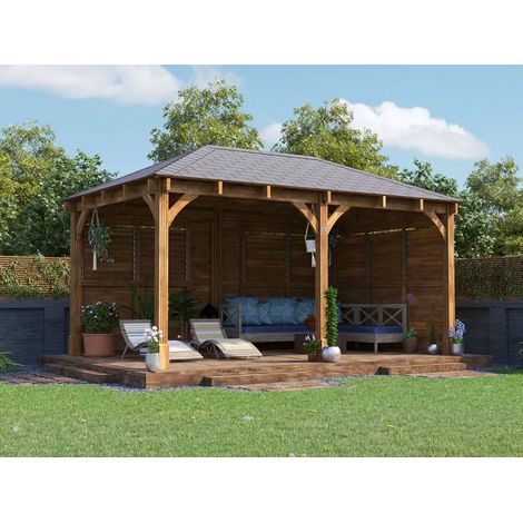 Dunster House Wooden Gazebo Kit Louvre Wall 5m x 3m with Roof Shingles Leviathan