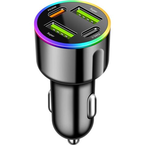 Caricabatterie da auto super veloce a 4 porte da 60 W,2x Super USB-A + 2x PD30W Type-C,illuminazione ambientale RGB arcobaleno (1/5)