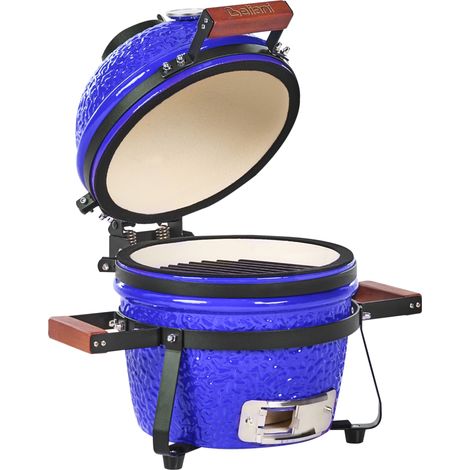 Barbacoa de carbón cerámica para exteriores con tapa y termómetro parrilla de cocción azul Kamado