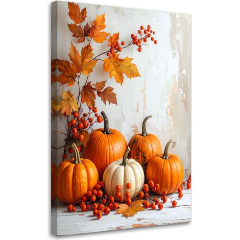 Quadro su tela, Composizione autunnale con zucche decorazione in colori caldi con foglie e bacche di sorbo, 20x30 (1/5)