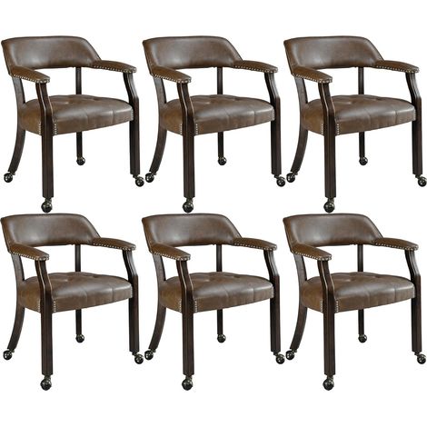 PADMA HOUSE Set of 6 Large Dining Chairs with Casters and Arms, Rolling Dining Chair with Wheels, Accent Game Poker Chair, Boss Caption's-Chairs, Solid Wood Legs and Faux Leather Seat, Brown XXY1910BN (1/5)