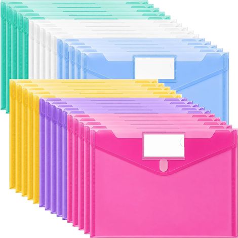 30 Pack A4 Plastic Wallet, 6 Colours Transparent Waterproof A4 Pockets with Self Grip Closure and Label Pocket, Document Holder for Office, School, Home and Travel (1/5)