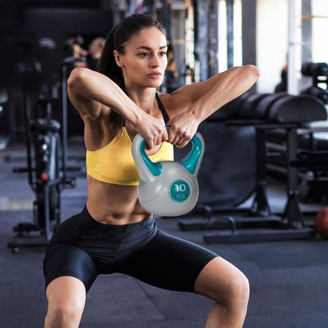 SPORTNOW Kettlebell 10 kg, PU-beschichtet und sandgefüllt, für Krafttraining, 22 x 16 x 26 cm, blau und grau