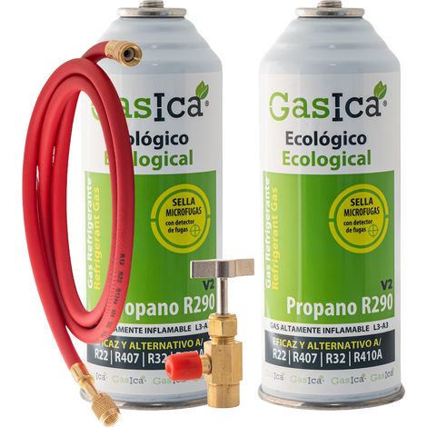 Pack 2 Envases Refrigerante Ecológico  Sustituto R22 R407C R410A R32  Kit con Manguera  Gas Orgánico de Alta Eficiencia