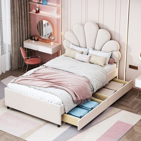 Lit 90x200 cm - Lit enfant 90x200 en velours - Lit plateforme rembourré tête de lit fleur avec 2 tiroirs - Beige (1/5)