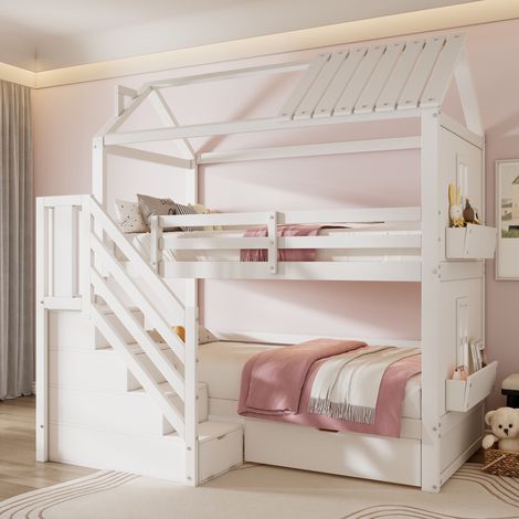 Lit superposé enfant, 90x200 cm, lit cabane multifonctionnel avec escalier de rangement tiroirs et étagères, Blanc