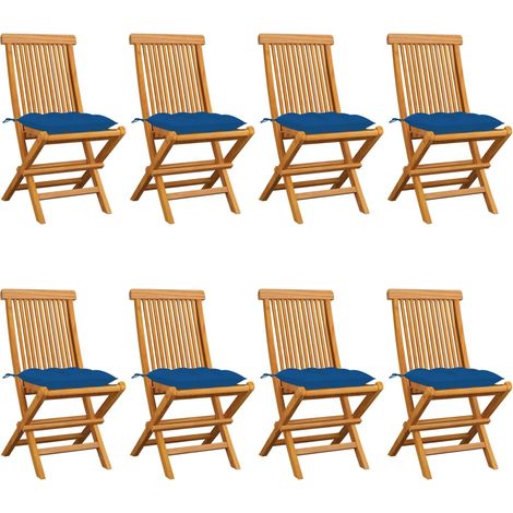 Lot de 8 Chaises de jardin avec coussins bleu - Chaise d'extérieur pour terrasse/jardin Bois de teck massif BV257830 - BonneVie (1/5)