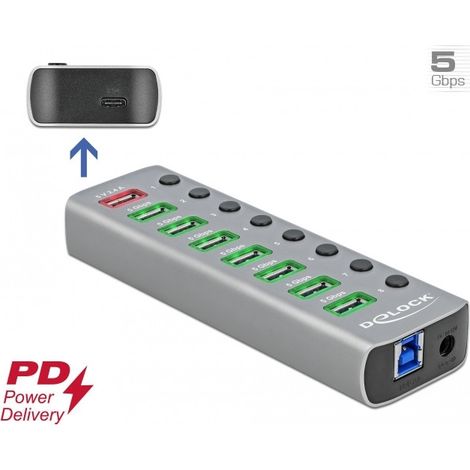 Hub USB 3.2 Gen 1 con 7 Puertos + 1 Puerto de Carga Rápida + 1 Puerto USB-Cª PD 3.0 con Interruptor e Iluminación