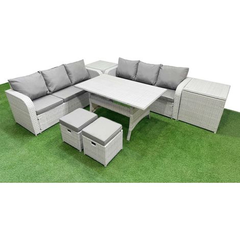 Fimous Outdoor Garden Furniture Sets 8 Seater Wicker Rattan Furniture Sofa Sets with Rectangular Dining Table high Back Lounge Sofa Stools 2 Side Table Light Grey (1/4)