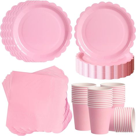 120 Pièces Vaisselle Jetable, Assiettes 7 Pouces, Gobelets, Serviettes Papier, Bord Festonné Rose Clair, Fête 40 Invités