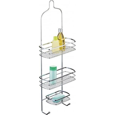 Estante de ducha de pared para baño con 3 baldas y 2 ganchos, modelo Cassandra, acabado cromado brillante. (1/3)