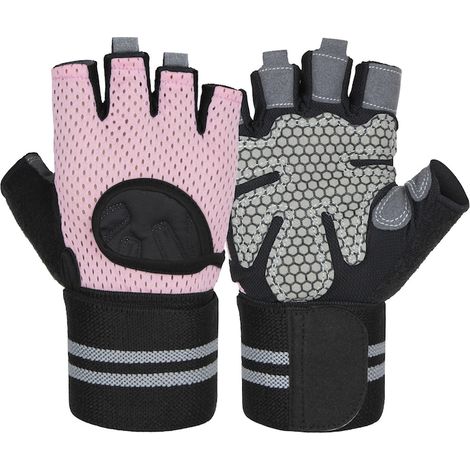 Guanti da fitness e sollevamento pesi, antiscivolo, con cinturino da polso integrato, assorbenti, taglia XL, rosa (1/5)