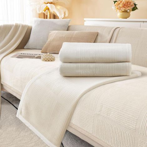 1 Housse de canapé, Velours, Antidérapante, Forme L, Salon, Beige (1/5)