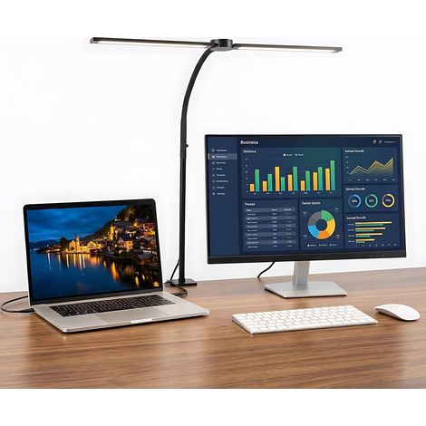 Lampe de Bureau LED, Lampe Bureau Dimmable à Pince Double Tête 1200 Lumens, Lampe de Table Col de Cygne Soin des Yeux pour Télétravail, Lampe Écran Tactile 3 Couleurs (1/5)