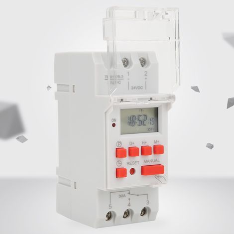 Minuterie hebdomadaire 12/24 h, 30 A, 24 V CC, avec écran LCD et relais programmable