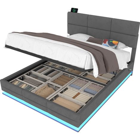 CHICFURN Estructura de cama 180x200 cm de terciopelo gris con LED, USB y cabecero ajustable (1/5)