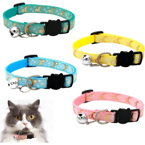 4 pièces Collier pour chat avec fermeture de sécurité, Colliers pour chats réfléchissants Réglables, Collier chat avec clochette, motif lune et étoile, Jaune, Bleu, Vert, Rose (1/5)