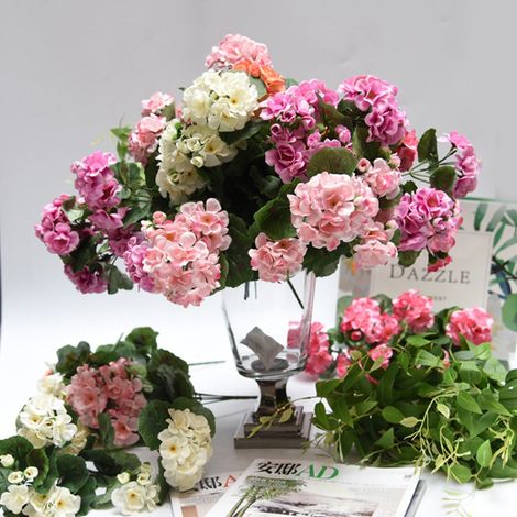 Fleur Artificielle Geranium - 5 Branches - 36 Cm - Tige Flexible En Fil De Fer - Tissu Soie Et Plastique - Blanc (1/5)