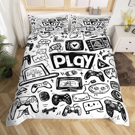 Housse de Couette 220x240 cm Motif Gamer Graffiti Noir Blanc - 220x240cm + 2 Taies Oreiller 65x65cm (1/5)