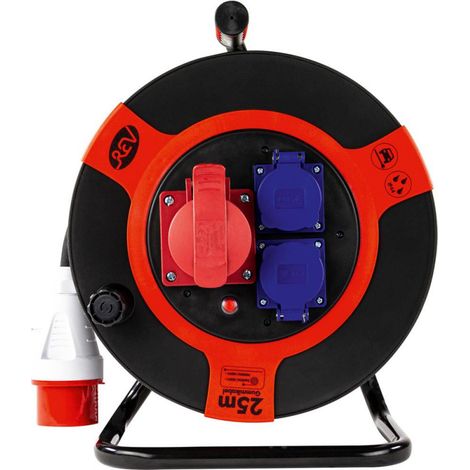 CEE Enrouleur de câble 25m 4-sorties IP 44 plastique H07RN-F noir rouge
