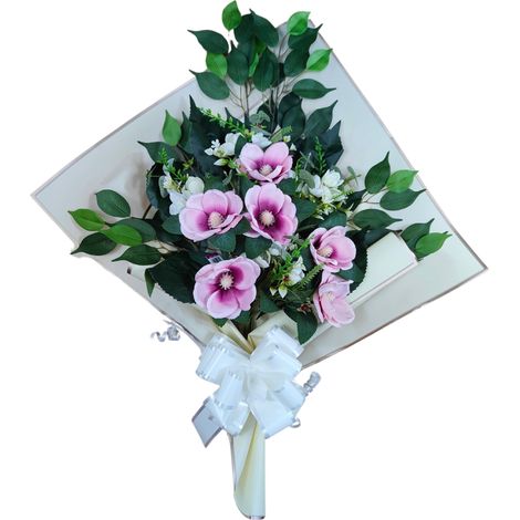 Bouquet de fleurs artificielles pour cimetière avec vase à mettre dans le pot du vase 78 x 63 x 20 cm (magnolias violets) (1/5)
