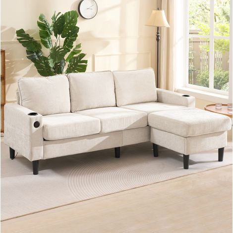 Divano angolare 202x137x80 cm beige in lino con pouf modulabile, USB, Type-C e portabicchieri (1/5)