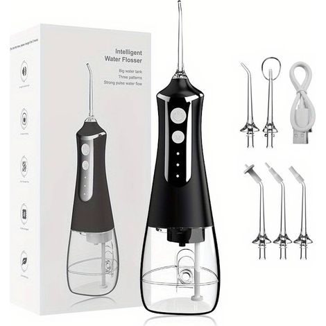 1 kit de nettoyage interdentaire électrique, 5 embouts blanchissants, 3 modes de nettoyage, réservoir amovible de 300 ml, kit de nettoyage interdentaire sans fil étanche rechargeable à domicile et en (1/5)